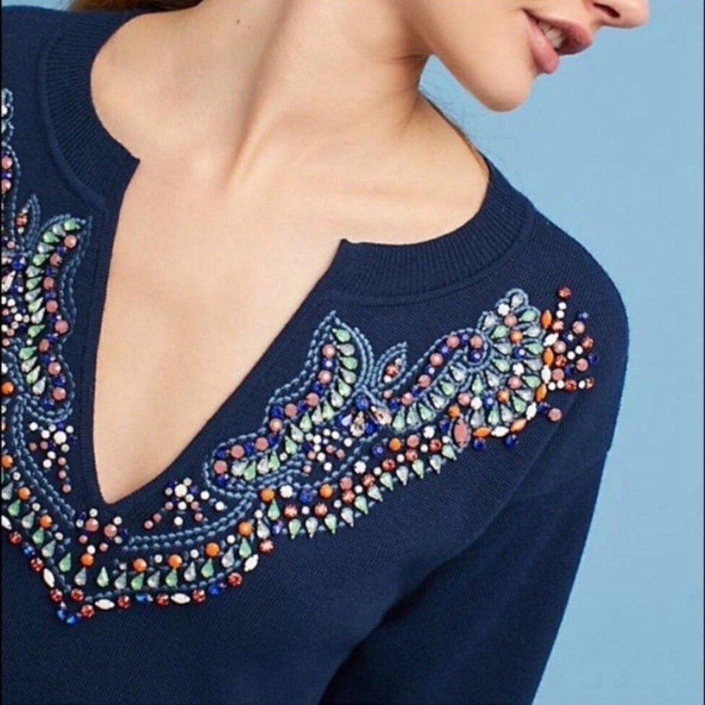 Anthropologie Moth V Neck Bejeweled Embellished Cropped Sweater Navy Blue